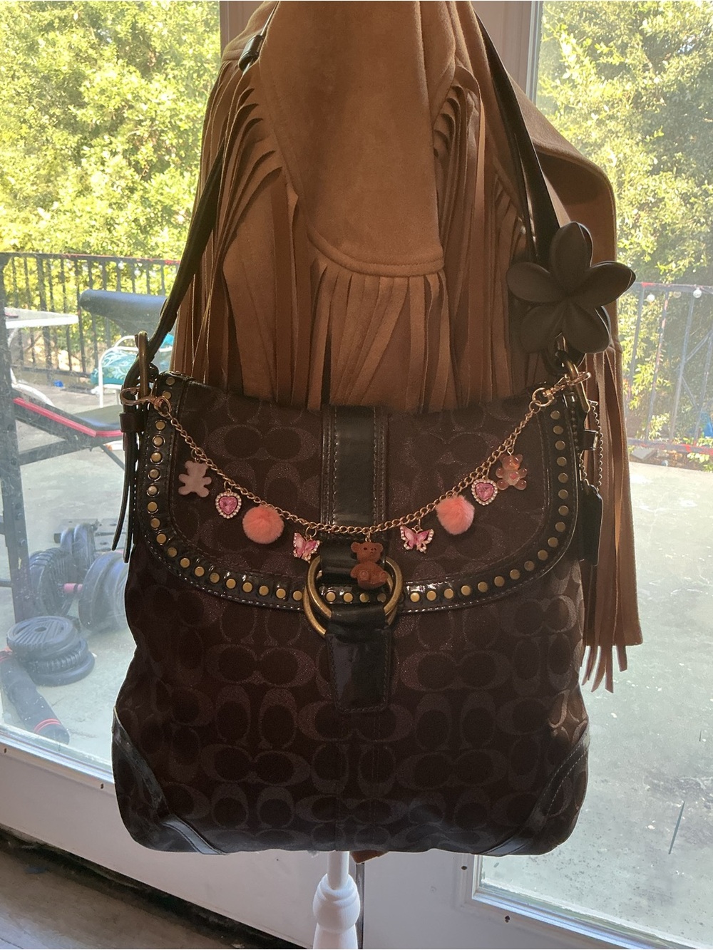 Coach Brown Signature Canvas Shoulder Bag with Pink Charm Chain